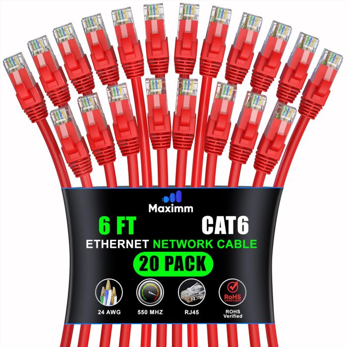 Maximm Cat 6 Ethernet Cable 6ft (20-Pack) - High-Speed 10Gbps LAN & Network Cables - Red UTP Patch Cord