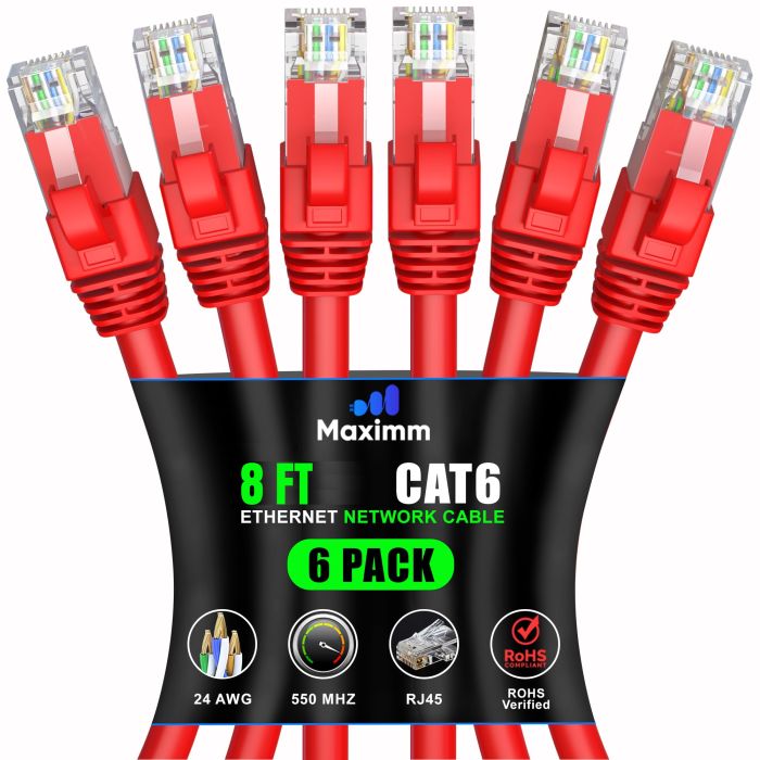 Maximm Cat 6 Ethernet Cable 8ft (6-Pack) - High-Speed 10Gbps LAN & Network Cable - Red UTP Patch Cord