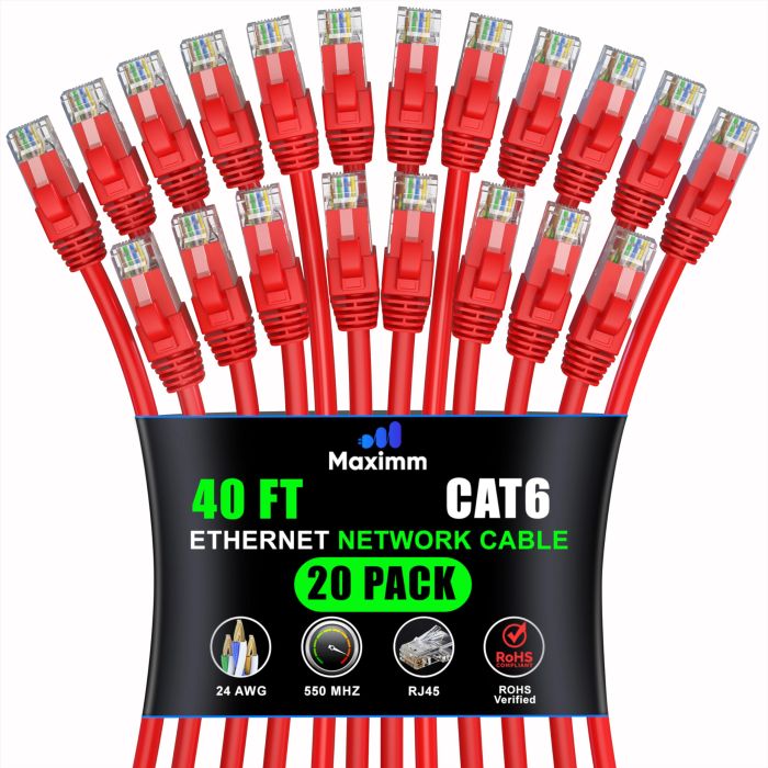 Maximm Cat 6 Ethernet Cable 40 ft (20-Pack) - High-Speed 10Gbps LAN & Network Cables - Red UTP Patch Cords for Fast Internet