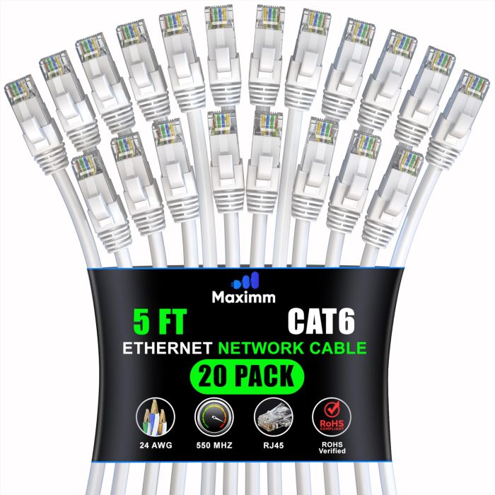 Maximm Cat 6 Ethernet Cable 5ft (20-Pack) - High-Speed 10Gbps LAN & Network Cables - UTP, 550MHz, White