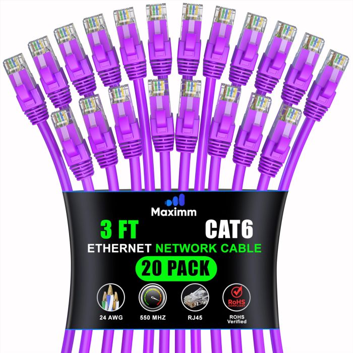 Maximm Cat 6 Ethernet Cable 3ft (20-Pack) - High-Speed 10Gbps LAN & Network Cables - Purple UTP Patch Cords