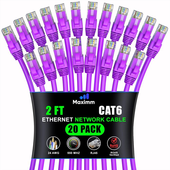 Maximm Cat 6 Ethernet Cable 2ft (20-Pack) - High-Speed 10Gbps Network Cable, UTP, 550MHz - Purple Patch Cord