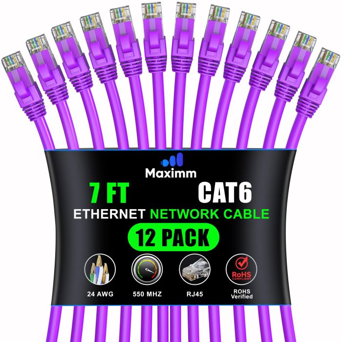 Maximm Cat 6 Ethernet Cable 7ft (12-Pack) - High-Speed 10Gbps Network Cable, UTP, 550MHz - Purple Patch Cord