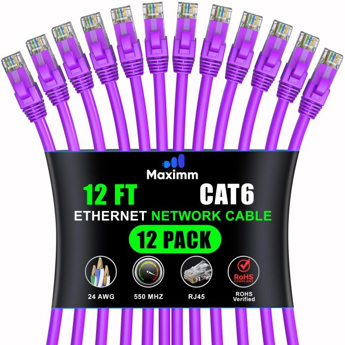 Maximm Cat 6 Ethernet Cable 12 ft (12-Pack) - High-Speed 10Gbps Network Cable, UTP, 550MHz - Purple Patch Cord