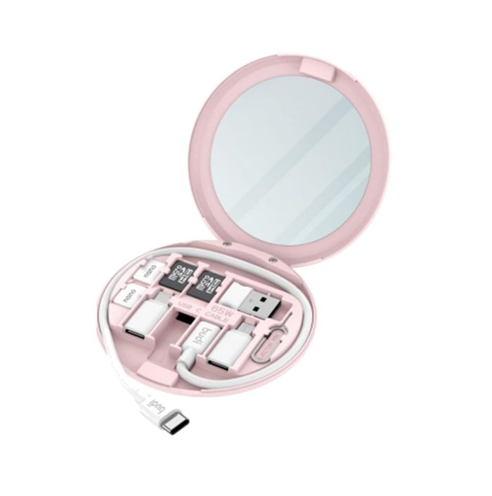FoneFunShop Budi 11-in-1 Travel Phone Cable & Vanity Case - Stylish Pink Essential for Travelers