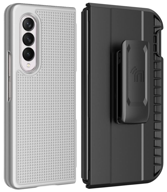 Galaxy Z Fold 3 Case with Clip & S Pen Slot - Slim Hard Cover & Rotating Belt Holster Combo - Pearl White
