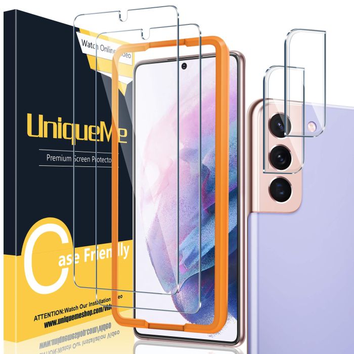 UniqueMe Samsung Galaxy S21 Plus Screen Protector & Camera Lens - 9H Hardness, Easy Install, 2+2 Pack for Ultimate Protection