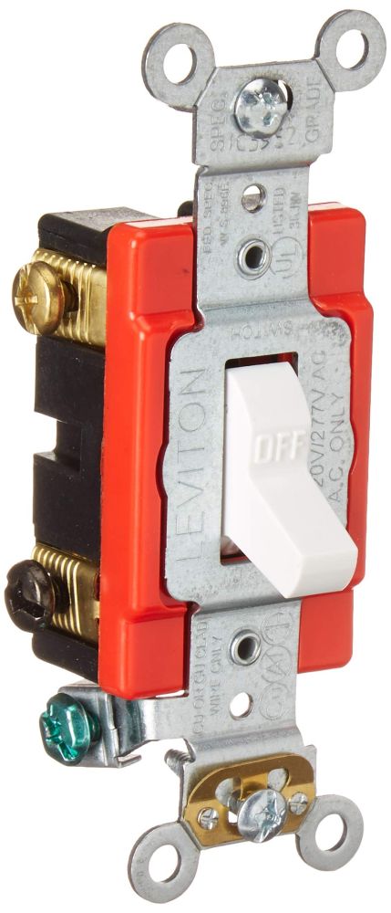 Leviton 1222-2W 20 Amp Toggle Switch: Heavy Duty, Self-Grounding, 120/277V AC - White