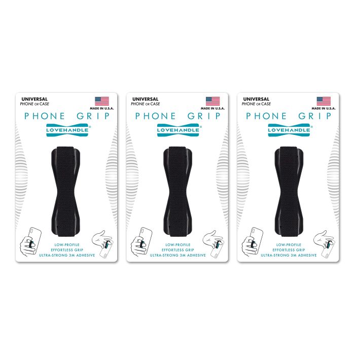 LOVEHANDLE Universal Phone Grip - Pack of 3 for Smartphones & Mini Tablets, Black Elastic Strap & Base