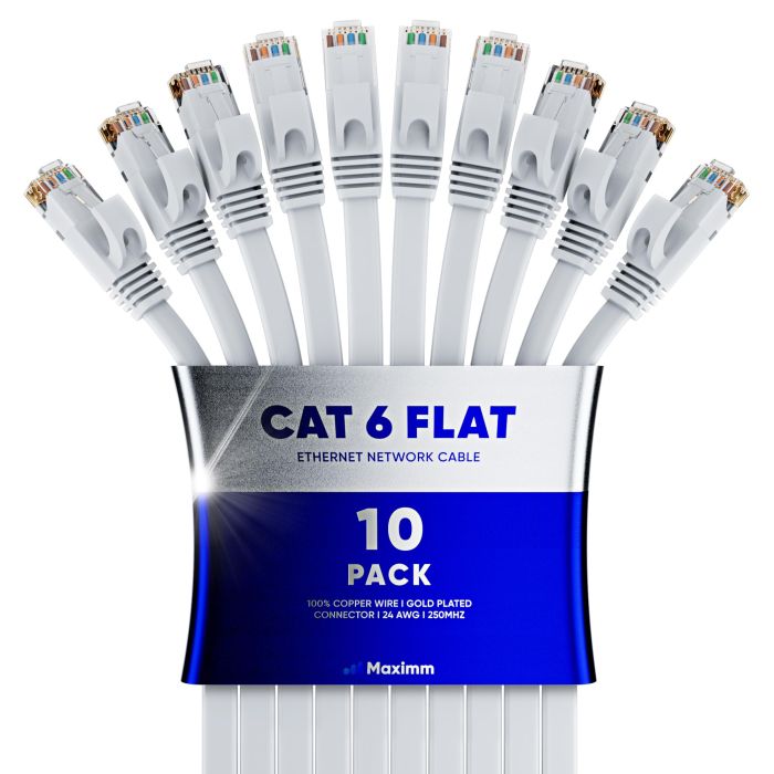 Cat 6 Ethernet Cable 20ft - Flat Design, High-Speed LAN Patch Cable for Gaming & Streaming - 10 Pack, White