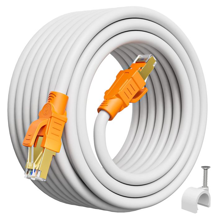 Cat 8 Ethernet Cable 100ft - High Speed 40Gbps, Indoor/Outdoor, Solid Copper, Gold Plated RJ45, 30 Clips Included