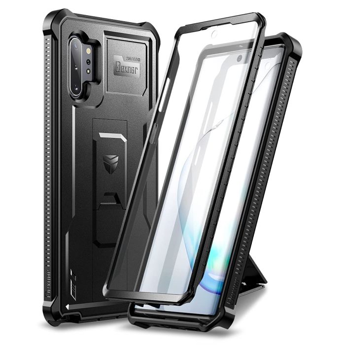 Dexnor Galaxy Note 10+ Case: Heavy Duty, Shockproof, Built-in Screen Protector & Kickstand - Black