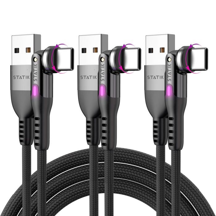 Statik PowerPivot 12W USB to USB C Cable, Right Angle Cable with 360 Rotating Head, USB to C Cable, Data Transfer USB Charger Cord Type C Cable, 90 Degree Swivel, USB A to USB C Cable 3FT/1M 3-Pack