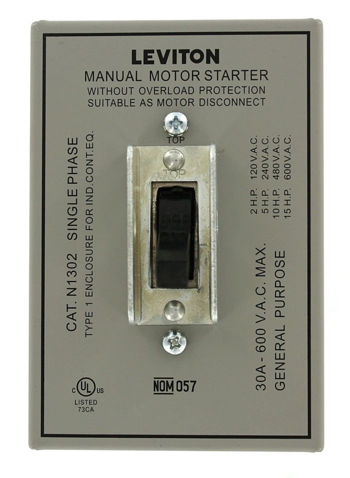 Leviton N1302-DS 30 Amp Double-Pole AC Motor Starter - Industrial Grade, 600V Toggle Disconnect
