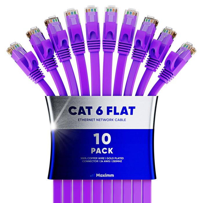 Cat 6 Ethernet Cable 2ft - Flat Design, High-Speed LAN Patch Cable, RJ45 Connectors - Ideal for Gaming & Streaming (10 Pack, Blue)