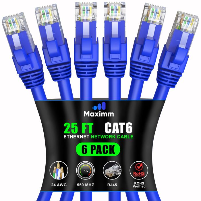 Maximm Cat 6 Ethernet Cable 25 ft (6-Pack) - High-Speed 10Gbps LAN & Network Cables - UTP, 550MHz, Blue