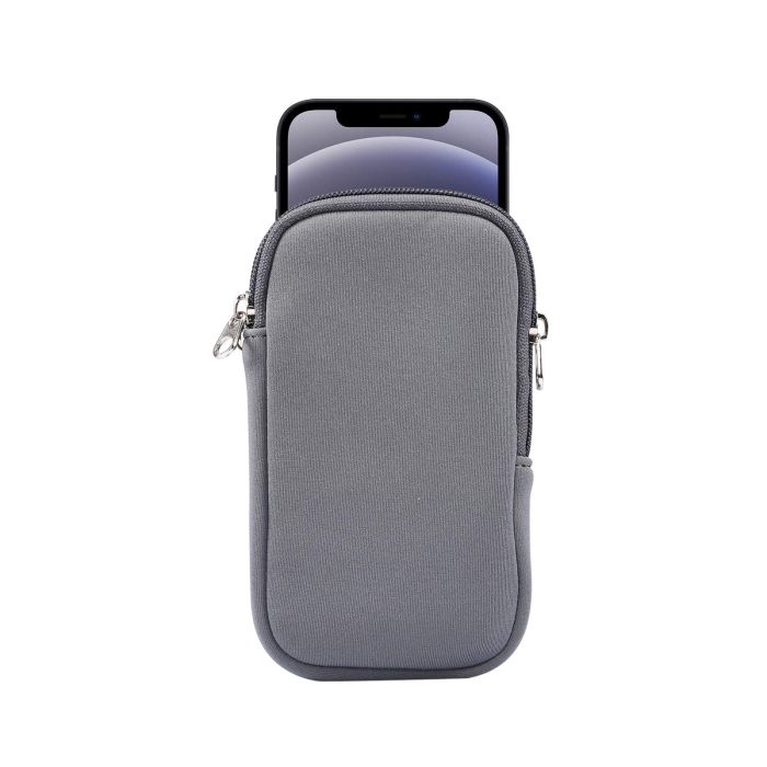 Neoprene Cell Phone Sleeve & Zip Wallet Pouch with Neck Strap for iPhone 16, 15, 14, 13, SE, LG Aristo - Gray