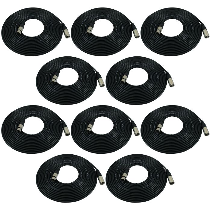 GLS Audio 25ft XLR Mic Cable 10-Pack - Balanced Black Microphone Patch Cords for Superior Sound Quality