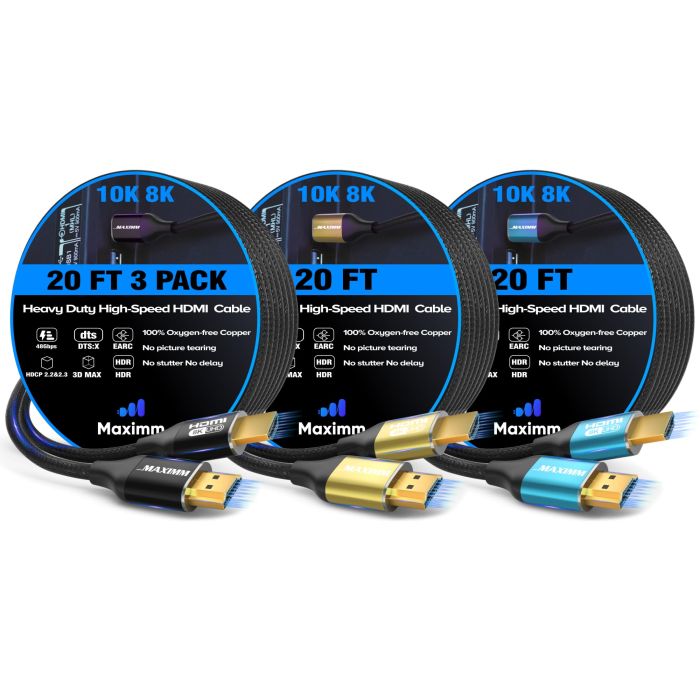 Maximm 8K HDMI Cable 20ft - Ultra High Speed HDMI 2.1 Cord (3 Pack) for 8K 60Hz Performance