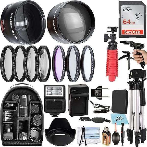 Complete A-Cell 58mm Accessory Bundle for Canon EOS Rebel T7, T6, T5, T3 & More - Includes 64GB Card, Lenses, Tripod & Backpack