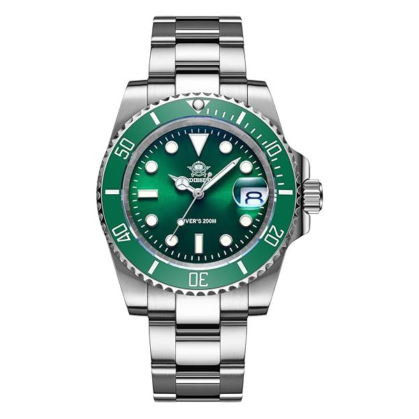ADDIESDIVE Men's Waterproof Quartz Diver Watch - 200M, Green Dial, Luminous, Stainless Steel Strap