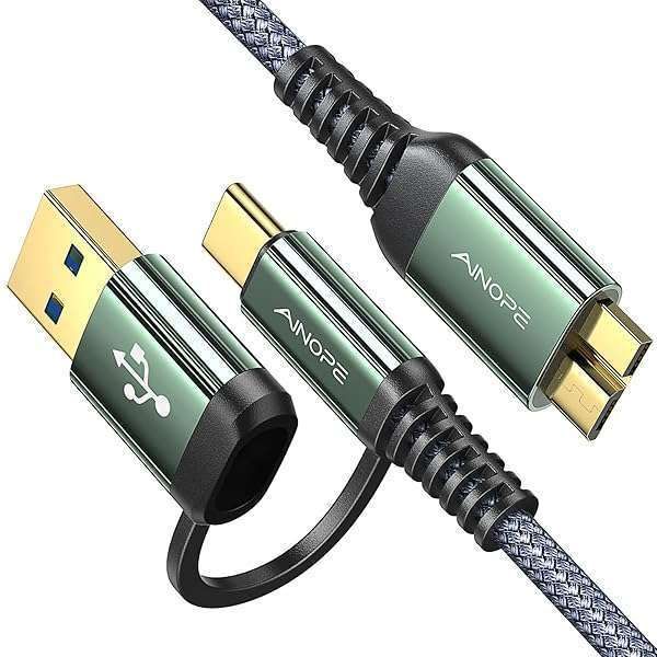 AINOPE 10Gbps Hard Drive Cable - Nylon Braided Micro B to USB A/C for Seagate, WD, Toshiba, MacBook Air M2 Pro - 1.5FT