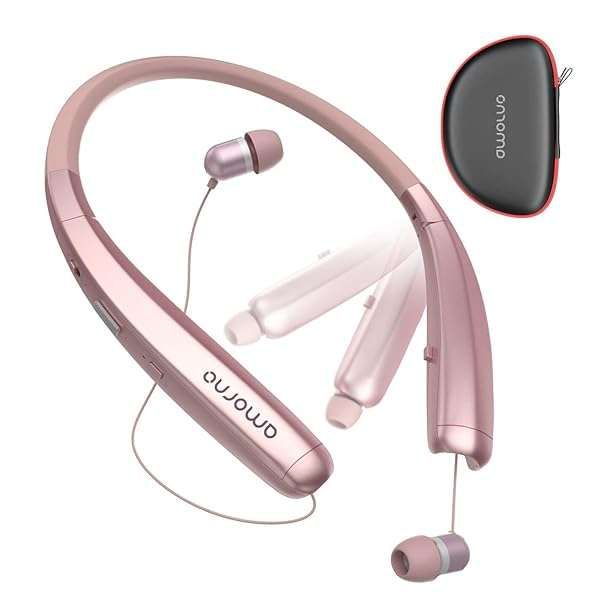 AMORNO Foldable Bluetooth Neckband Headphones: Sweatproof, Noise Cancelling, Retractable Earbuds & Carrying Case (Gold)