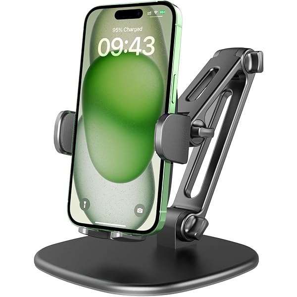 APPS2Car Phone Stand for Desk [No Dropping Stable Triple-Clamp Holder] Adjustable Height 360 Degree Rotation Heavy Base Thick Case Friendly, Multifunctional Cell Phones Stand for iPhone Android Phones