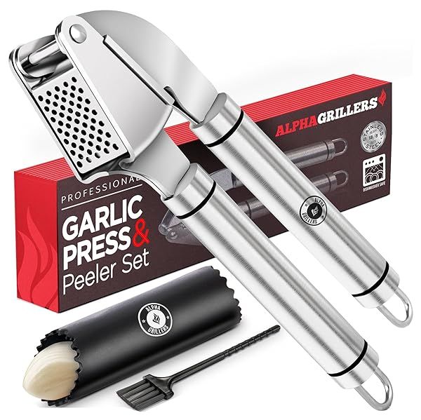 Alpha Grillers Stainless Steel Garlic Press & Peeler - Professional Mincer, Dishwasher Safe, Easy to Use