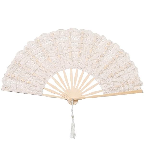 BABEYOND Cotton Lace Folding Handheld Fan Embroidered Bridal Hand Fan for Weddings and Dancing Parties