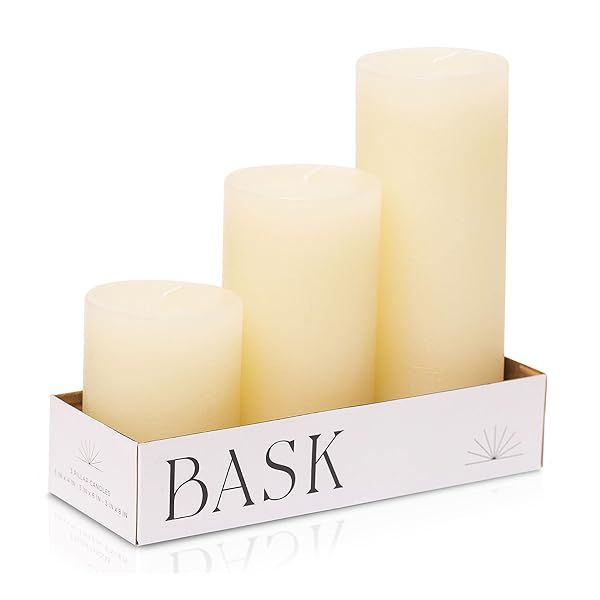 Set of 3 BASK Mottled Ivory Pillar Candles - Unscented, Dripless & Smokeless for All Occasions