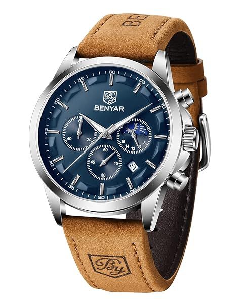 BENYAR Mens Analog Quartz Chronograph Watch Stylish Waterproof Wristwatch with Stainless Steel Bracelet Elegant Gift for Men