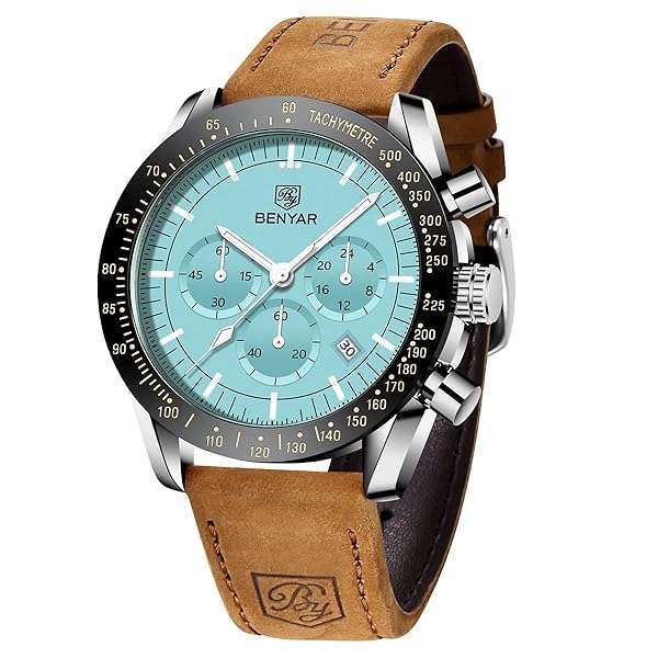BENYAR Mens Watches Quartz Movement Chronograph Leather Strap Fashion Business Sport Design 30M Waterproof Scratch Resistant Elegant Gifts for Men