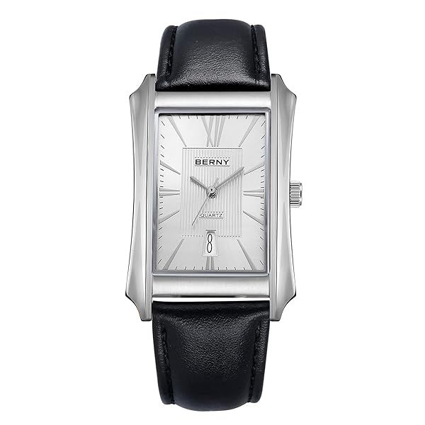 BERNY Men's Business Casual Quartz Watch: Stylish Stainless Steel & Leather Strap Rectangular Design