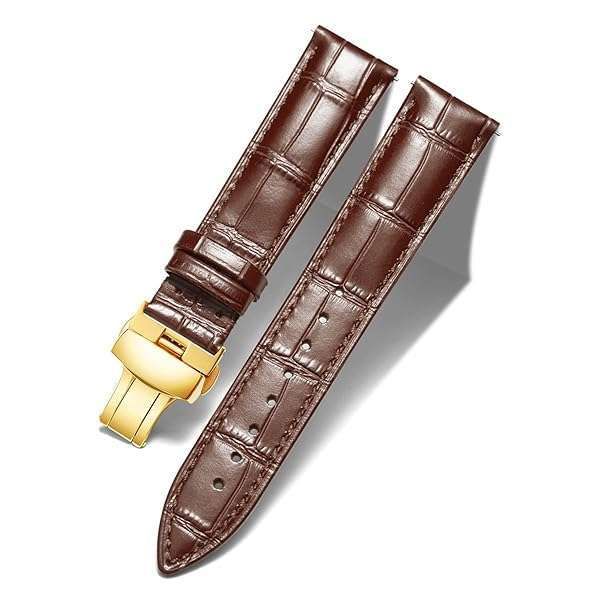 BINLUN Leather Watch Strap with Gold Deployment Buckle - Quick Release, 12mm to 24mm Sizes for Men & Women (Brown)