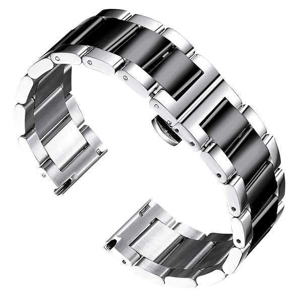 BINLUN Thick Stainless Steel Watch Band Metal Heavy Polished Matte Brushed Finish Watch Strap Replacement for Men Women 16mm/18mm/20mm/21mm/22mm/23mm/24mm/26mm(Polished Silver and Black,23mm)