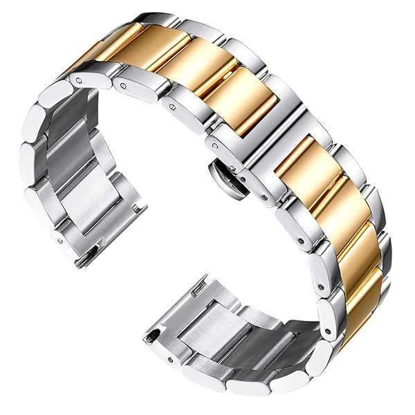 BINLUN Thick Stainless Steel Watch Band Metal Heavy Polished Matte Brushed Finish Watch Strap Replacement for Men Women 16mm/18mm/20mm/21mm/22mm/23mm/24mm/26mm(Polished Silver and Gold,24mm)