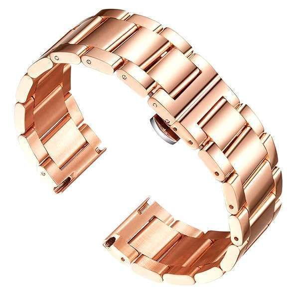 BINLUN Thick Stainless Steel Watch Band - Polished Rose Gold Replacement Strap for Men & Women (26mm)