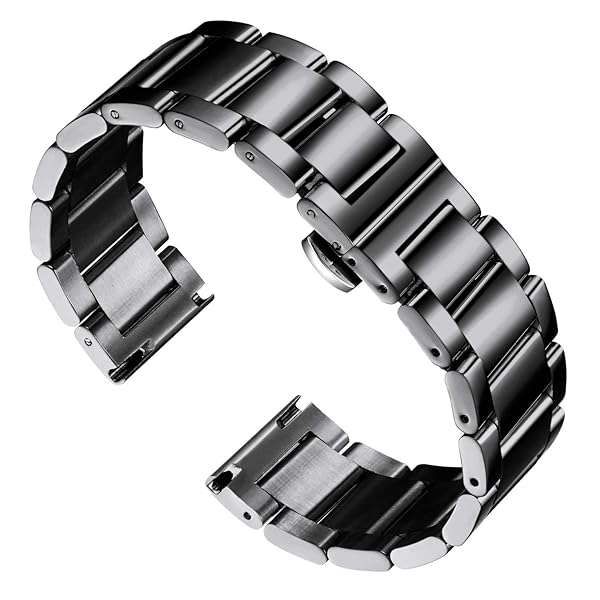 BINLUN Thick Stainless Steel Watch Band - Polished Black Replacement Strap for Men & Women (22mm, Heavy Matte Brushed Finish)