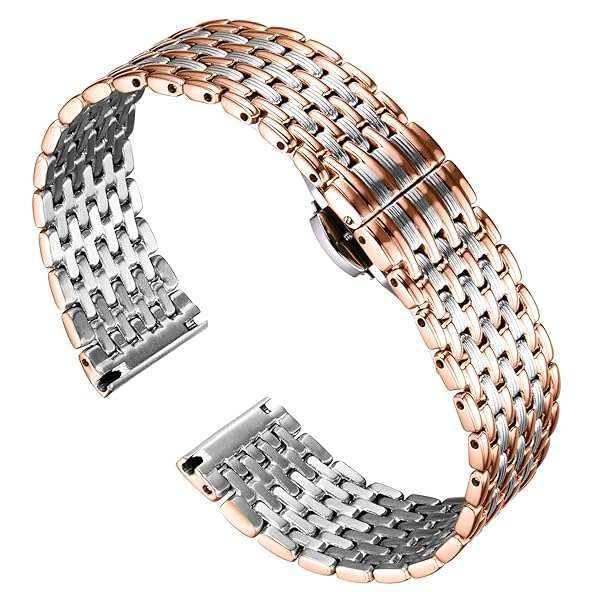 BINLUN Ultra Thin Mesh Stainless Steel Watch Band Light Watch Strap Polished Watch Bracelets Replacement 12mm/14mm/16mm/18mm/20mm/22mm for Men Women with Butterfly Buckle(Silver and Rose Gold,20mm)