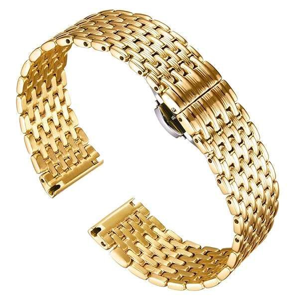 BINLUN Ultra Thin Mesh Stainless Steel Watch Band - 18mm Gold Replacement Strap for Men & Women with Butterfly Buckle