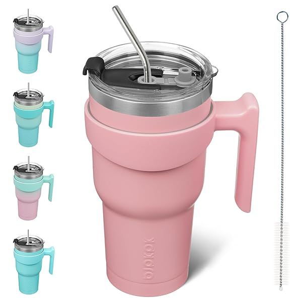 BJPKPK 30 oz Tumbler With Handle Lid Straw Reusable Stainless Steel Travel Mug Insulated Coffee Cup Light Pink
