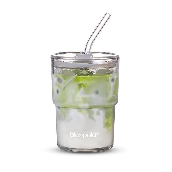 BLUEPOLAR 13oz Glass Water Tumbler with Straw and Lid Thick Wall Iced Coffee Cup for Water Iced Tea Fruit Juice Aurora White