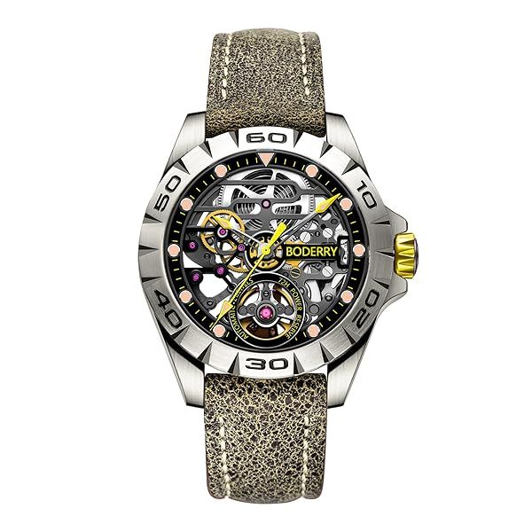 BODERRY Skeleton Mens Titanium Automatic Watch 72H Power-Reserve Waterproof Luminous Sapphire Crystal Leather Strap