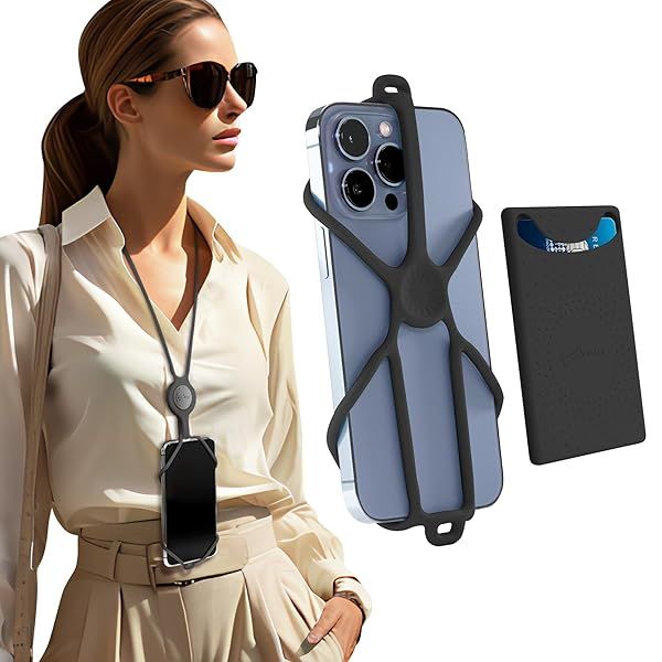 Adjustable BONE Lanyard Phone Tie 3: Universal Neck Holder with Card Slot for Smartphones - Black Silicone Strap