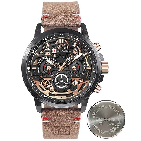BORUSE Brown Leather Chronograph Skeleton Quartz Watch for Men Business Dress Analog Waterproof Wristwatch with Luminous Calendar