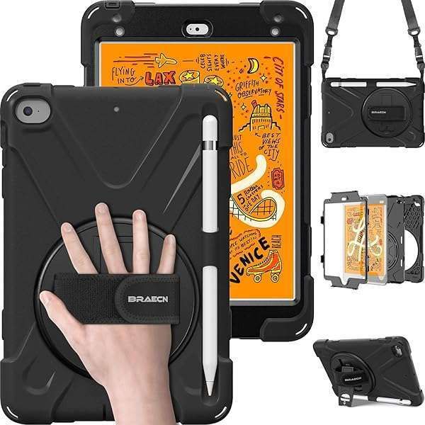 Heavy Duty iPad Mini 5/4 Case with Pencil Holder & Kickstand - Shockproof Rugged Protection for Kids (7.9 Inch, Black)