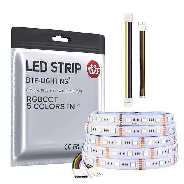 BTF-LIGHTING 16.4ft RGBWW LED Tape Lights - Dimmable, Tunable 2700K-6500K, IP65 for Home & Bedroom Decor