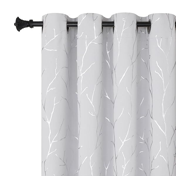 BUHUA Cream Blackout Curtains Tree Branch Silver 72 Inch Thermal Insulated Darkening Curtains Set for Bedroom and Dining Room 52W x 72L Greyish White