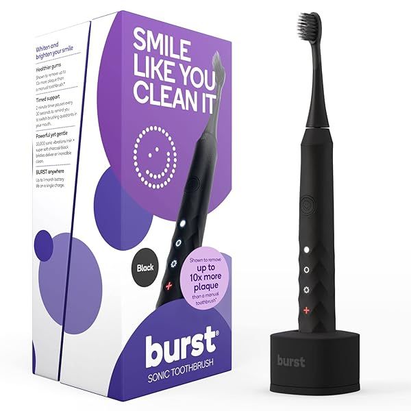 BURST Original Sonic Electric Toothbrush for Adults Black Soft Bristle Deep Clean Stain Plaque Removal 3 Modes Teeth Whitening Sensitive Massage